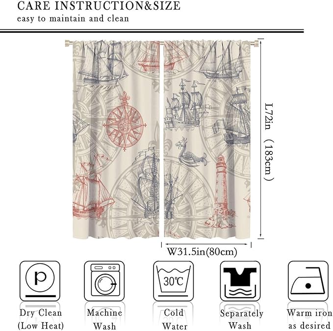 Abstract Nautical Curtain Set Seahorse Curtain for Kids Yellow Polyester Fabric Bedroom Curtain Set 2 Panels,63x72 Inches