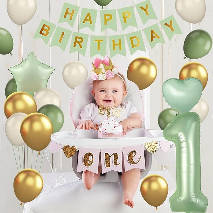 1st Birthday Decoration for Boys Girls, Sage Green White Gold 1st Birthday Balloon with 40 Inch Number 1 Balloon Star Heart Balloons and Happy Birthday Banner for Baby 1 Year Old Birthday Party Decor