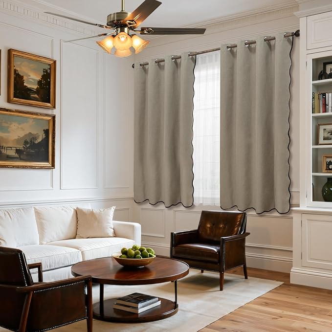 ColorBird Linen Blackout Curtains Scalloped Tan 100% Black Out Winter Thermal Insulated Curtains & Drapes 63 Inch Long for Living Room Bedroom Dining Room Closet Window Treatment