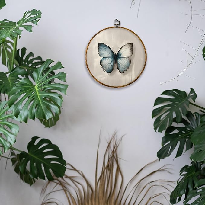 Hiuwevt Vintage Moody Blue Butterfly Round Wall Art Decor, Retro Rustic Butterfly Framed Canvas Prints, Cottagecore Insect Round Wall Hanging Decor for Home Bedroom Decorations, 10x10 Inches