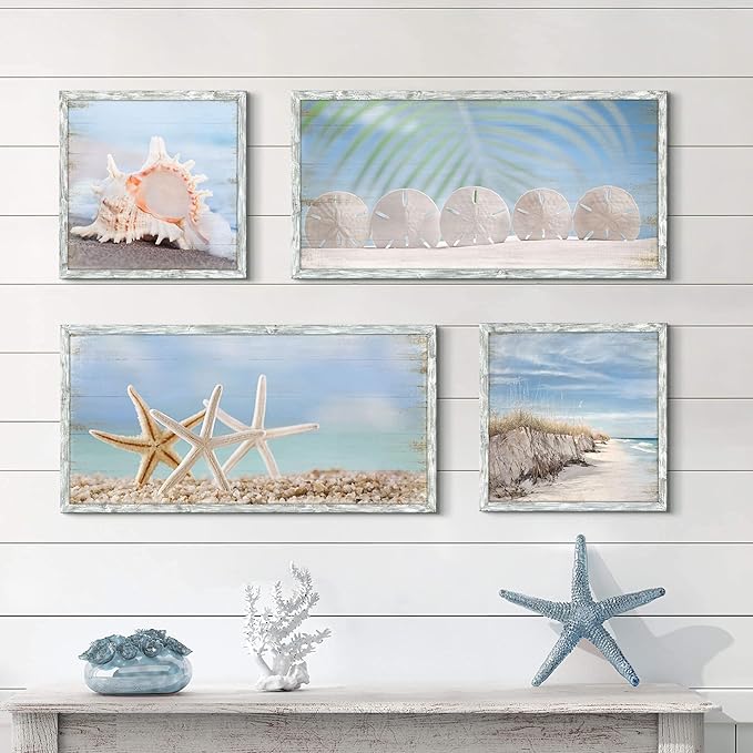 Beach Prints Wooden Wall Art: Seashell Conch Starfish Pictures Collection Set of 4 Ocean Art Seaside Framed Wall Decor for Living Room Overall 48"W x 32"H