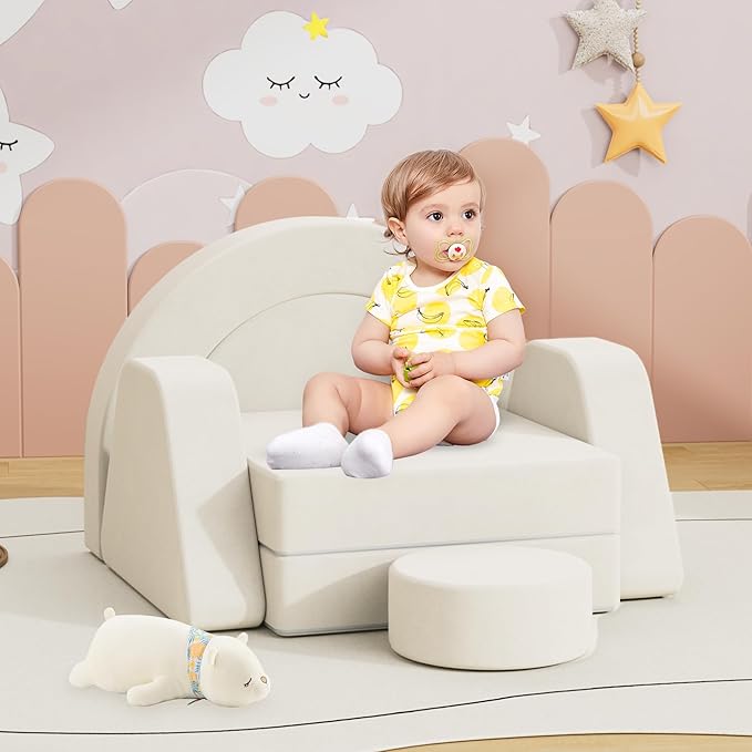 12 PCS Modular Kids Play Block Couch Child Sectional Soft Sofa Toddler Building Fortplay Climbing Bedroom Playroom Baby Convertible Floor Foam Cushion for Boys & Girls (Beige-Single-2)