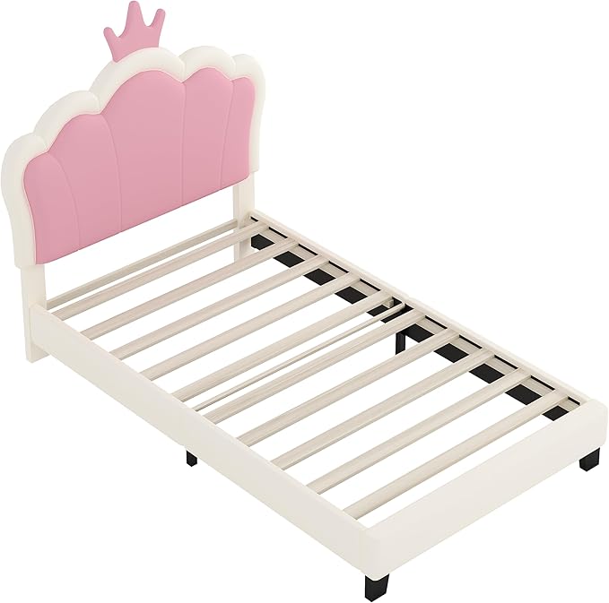 Bellemave Twin Size Princess Bed Frame with Crown Shaped Headboard for Kids,Upholstered Platform Bed with Slats Support,Twin Girls Bed,White