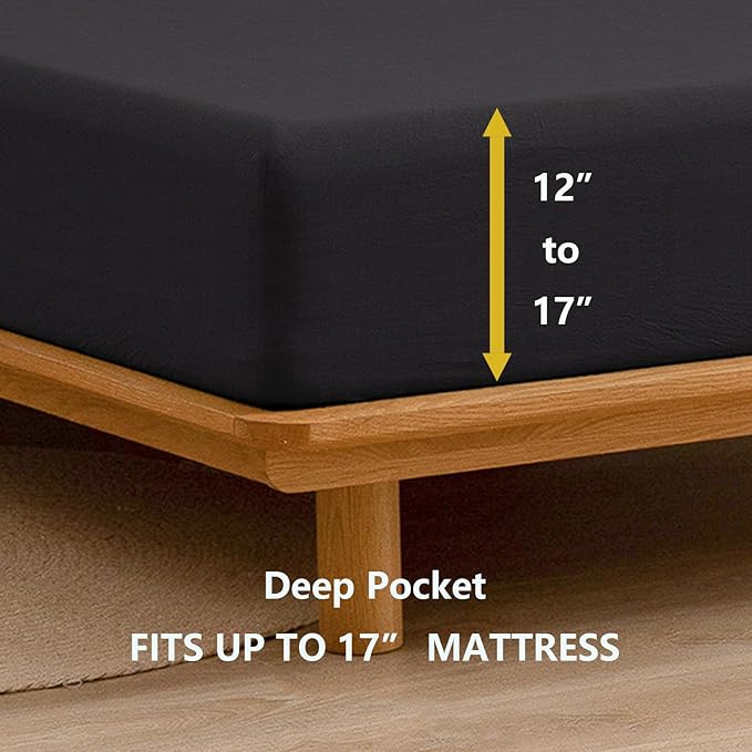 BESTOUCH Sheet Set 100% Washed Cotton Linen Feel Super Soft Comfortable Chic Lightweight 3 Pcs Home Bedding Set Solid Deep Black Twin
