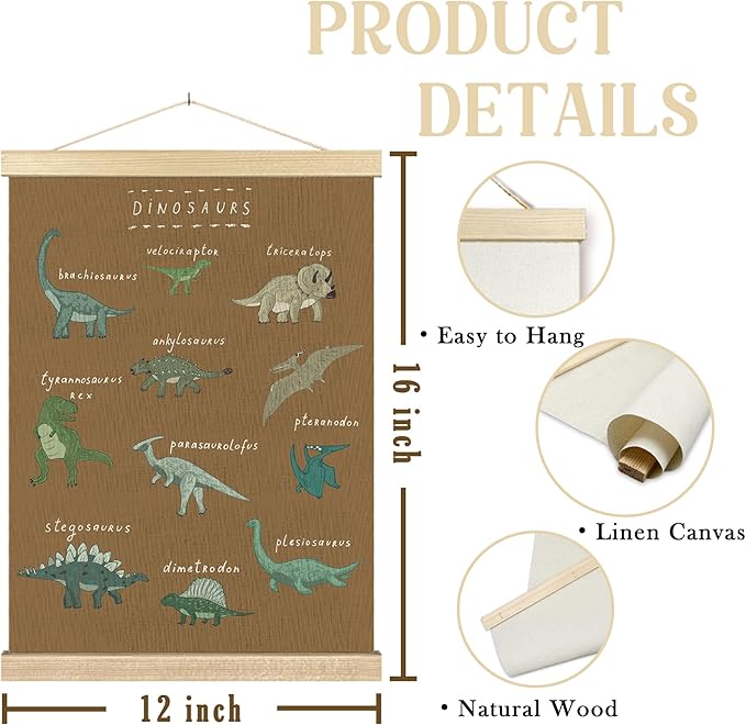 BCUANGD Dinosaur Dino Wall Decor - Brown Baby Toddler Boys Room Wall Art Poster Hanger with Wood Frames, Inspirational Wall Hanging Canvas Decor for Kids Room Nursery Bedroom, 12x16 Inches