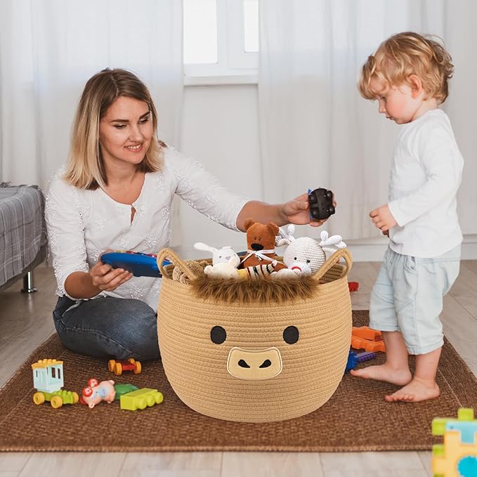 Highland Cute Cow Basket for Nursery, Large Blanket Gift Basket, Woven Rope Cotton Storage, Baby Laundry 0rganizer with Ears Handles, Towels Toy Clothes Gifts Storage Cat Dog Bin,13"D×11.5"H