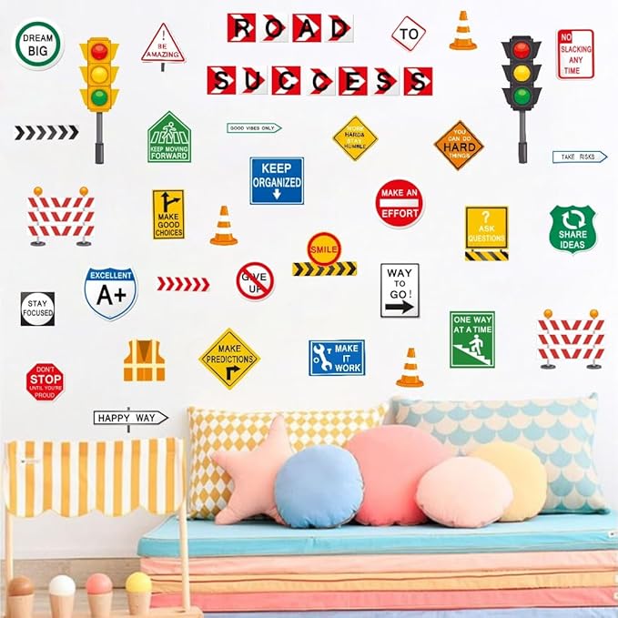 Road to Success Wall Decal, Inspirational Quote Traffic Sign Vinyl Wall Stickers, Removable Street Transportation Educational Artwork for Classroom Office Playroom Decor