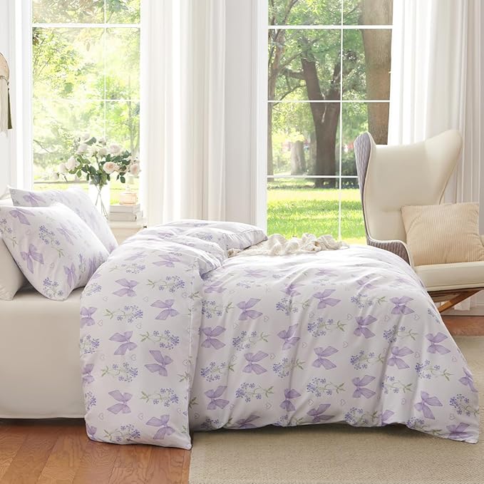 Purple Bow Duvet Cover Full 3Pcs Girls Floral Duvet Cover Set, Cute Romantic Princess Style Bowknot Bedding Set Soft Microfiber Garden Flower Bedding with 2 Pillowcases(No Comforter)