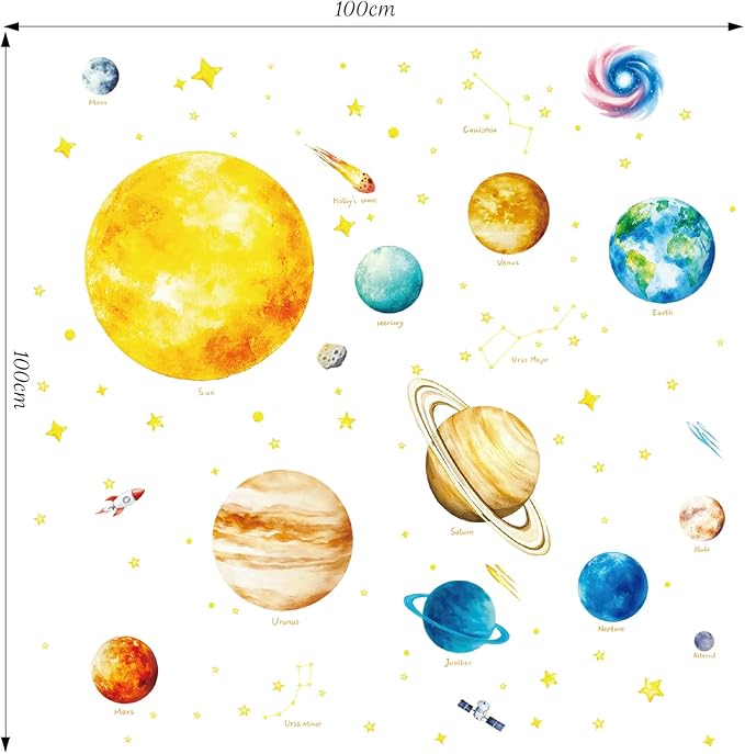 SHUCHING Solar System Wall Sticker Peel and Stick, Vinyl Space Planet Wall Decal, Educational Wall Decor Art Home Decoration for Daycare Bedroom Nursery Playroom