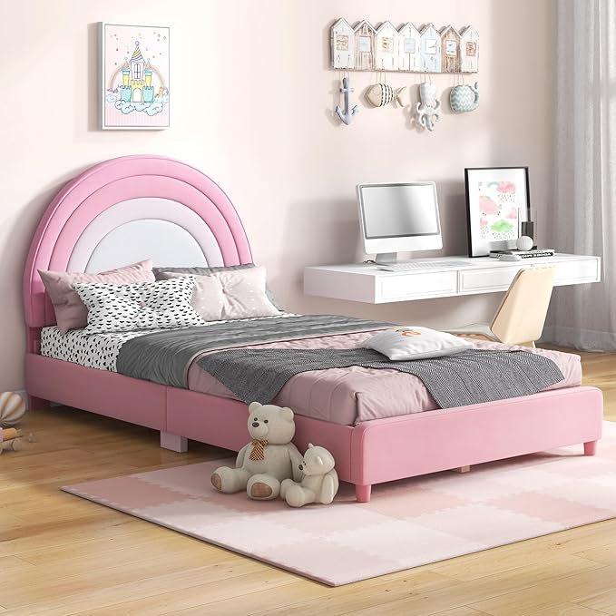 Costzon Twin Bed Frames with Adjustable Headboard, 660 LBS Weight Capacity Upholstered Wooden Kids Bed w/Slats Support, No Box Spring Needed, Easy Assembly, Twin Platform Bed Frame (Pink Rainbow)