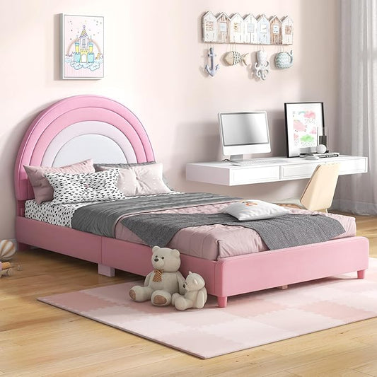 Costzon Twin Bed Frames with Adjustable Headboard, 660 LBS Weight Capacity Upholstered Wooden Kids Bed w/Slats Support, No Box Spring Needed, Easy Assembly, Twin Platform Bed Frame (Pink Rainbow)
