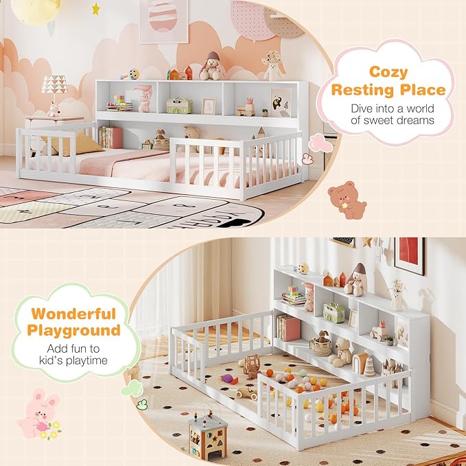 Giantex Twin Floor Bed for Kids, Wooden Montessori Bed Frame with Bookcase, Storage Shelves & Safety Fence Rails, Floor Beds Twin for Girls, Boys, No Box Spring Needed, Without Slats, White