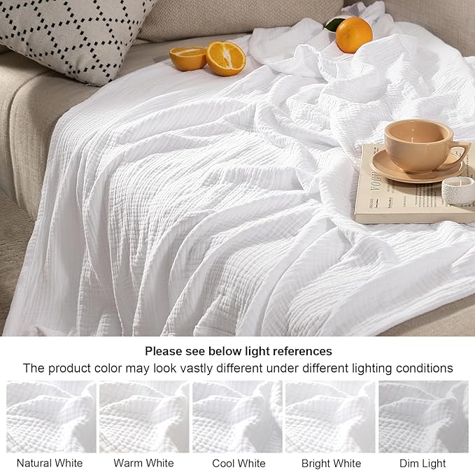 PHF 100% Cotton Muslin Blanket Twin XL Size 66"x90", 4-Layer Lightweight Gauze Throw, Breathable Cloud-Soft Minimalist Blanket for Bed, Couch, Camping & Baby, White, Ideal Gift