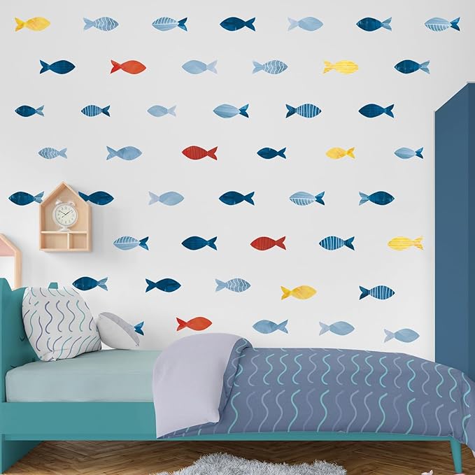 80 Pcs Creative Ocean Fish Wall Decals, Peel and Stick Blue Fish Wall Stickers, Vibrant Sea Life Watercolor Fishing Wall Decor for Kids Room Nursery Bedroom Playroom Classroom