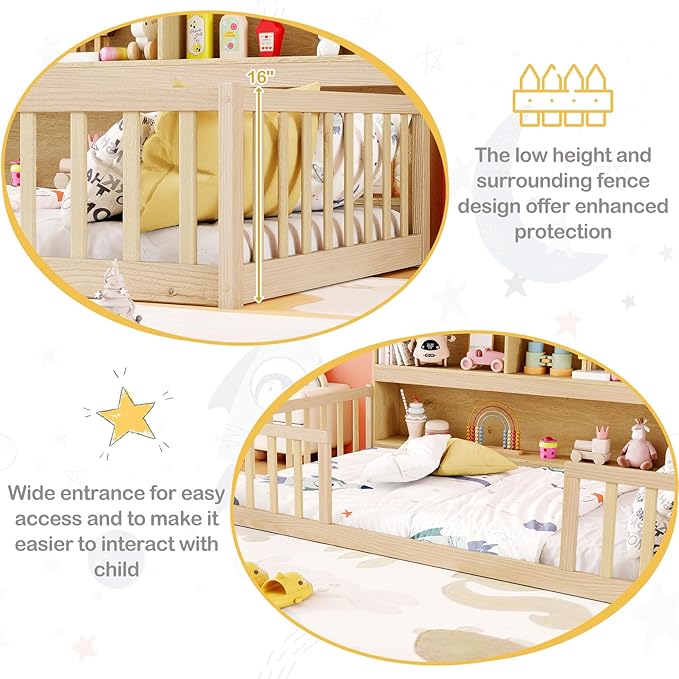 KOMFOTT Twin Floor Bed with Bookcase & Shelves, Wood Bed Frame with Bedside Bookshelves & Guardrails, Versatile 2-in-1 Montessori Floor Bed for Kids (Twin,Natural)