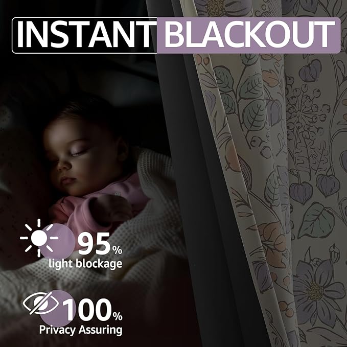 jinchan Nursery Curtains 95% Blackout Purple Floral Curtains for Girls Room, 63 Inch Length Farmhouse Drapes for Bedroom Living Room Darkening Window Treatment Grommet Top Set of 2 Panels