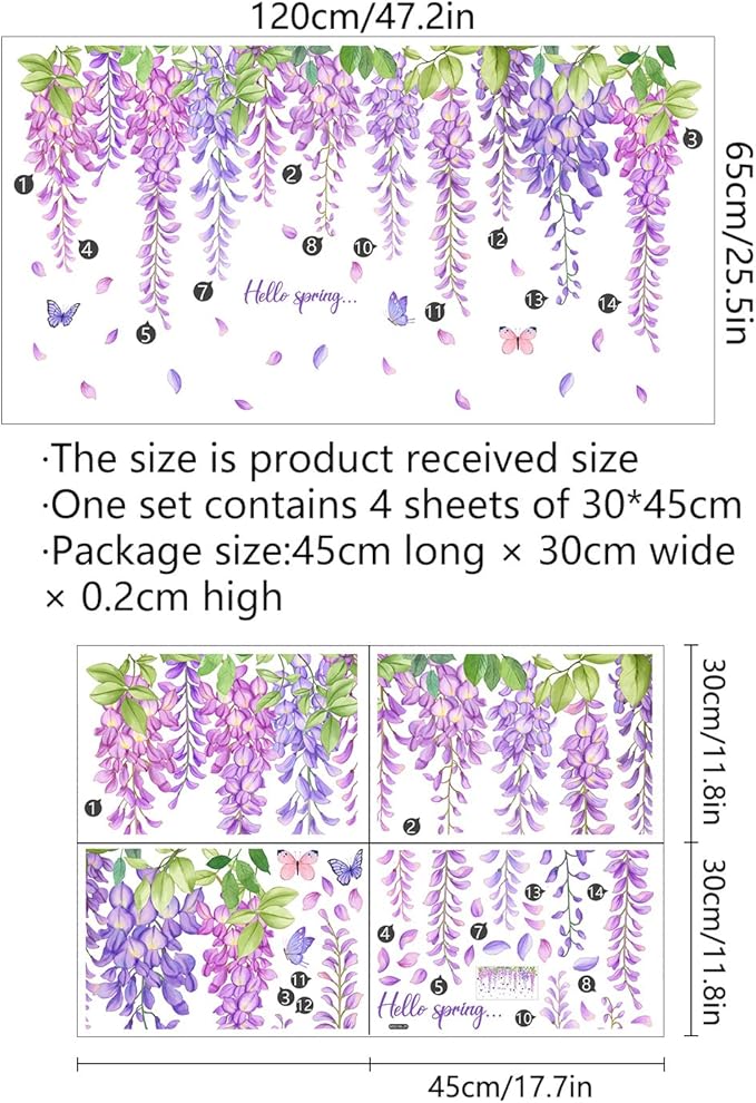 3D Removable Hanging Purple Blue Flowers with Green Leaves Wall Stickers Murals DIY Peel and Stick Flower Vines Floral Wall Decal for Home Wall Corner Kids Bedroom Living Room Nursery Decoration