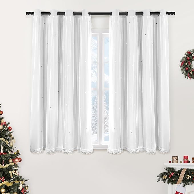 XiDi White Curtains with Sheer Overlay for Girls Bedroom 2 Panels Blackout Double Layer Curtains 63 Inches Length for Kids Princess Nursery Room Star Cut Out Home Decor Grommet Window Drapes W52 X L63