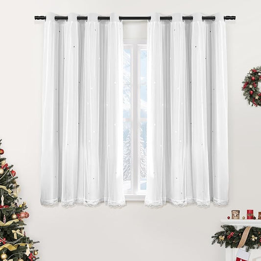 XiDi White Curtains with Sheer Overlay for Girls Bedroom 2 Panels Blackout Double Layer Curtains 63 Inches Length for Kids Princess Nursery Room Star Cut Out Home Decor Grommet Window Drapes W52 X L63