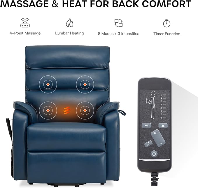 DYNOX 350 LBS Power Lift Recliner Chair for Elderly, Medium Size Dual Motor Lay Flat Infinite Positions Recliner with Heat & Massage(9188,Faux Leather,Dark Blue)