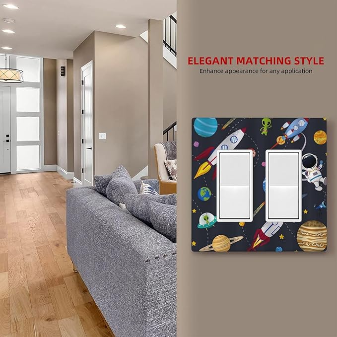 Rocket Planets Astronaut Blue Decorative Double Rocker Light Switch Cover 2 Gang Outlet Wall Plate Decorative GFCI Switchplate Electrical Faceplate for Nursery Kidsroom Bedroom Decor