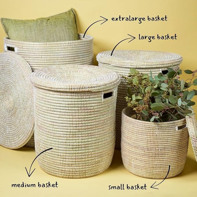 Storage & Organization, Decorative Baskets for your Home, Laundry Hamper, Baby Nursery Toys Bin, Living Room Blankets Storage, Towels Holder, Wicker, Woven, Lid, Wide, White, Set, 4pcs