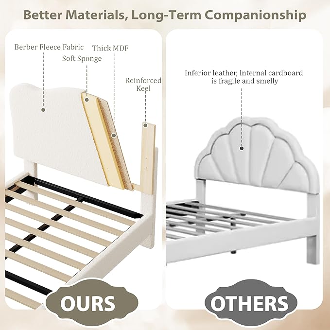GarveeHome Upholstered Twin XL Size Bed Frame for Kids with Scallop Headboard, Cute Velvet Twin XL Bed for Girls, Boys, Sturdy Platform Bed, No Box Spring Needed, Wooden Slats, Noise Free, White