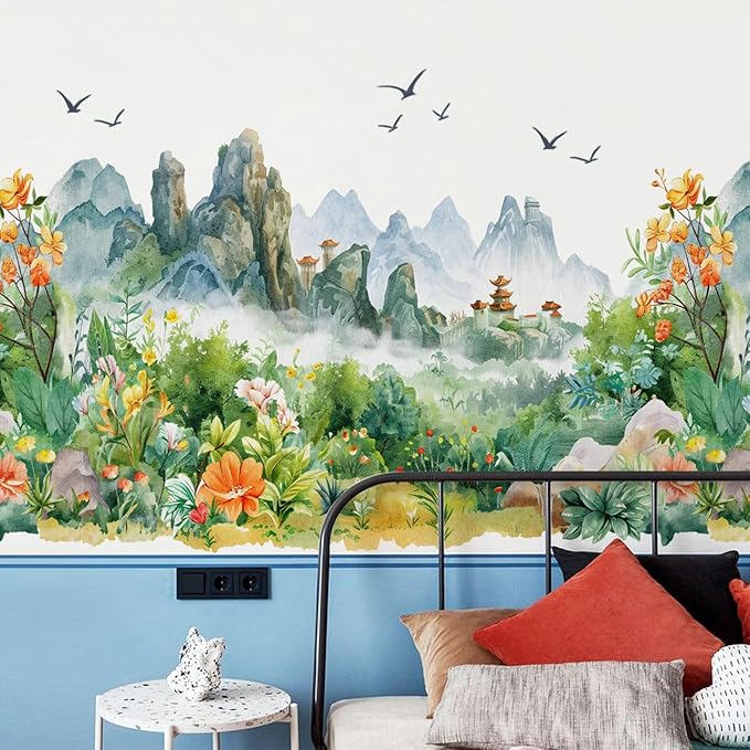 AM AMAONM Chinese Style Nature Mountain Landscapes View Wall Stickers Watercolor Green Plants Flowers Wall Decals 3D Peel and Stick Wall Art Decor for Nursery Home Wall Corner