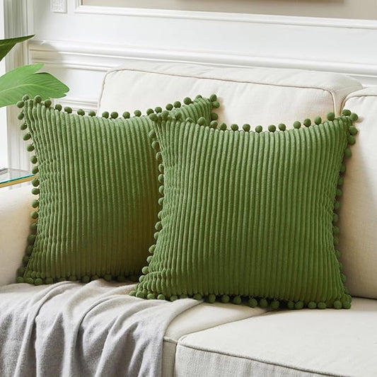 Fancy Homi Pack of 2 Moss Green Decorative Throw Pillow Covers with Pom-poms, Soft Corduroy Solid Square Cushion Cases Set for Couch Sofa Bedroom Car Living Room (20x20 Inch/50x50 cm, Moss Green)