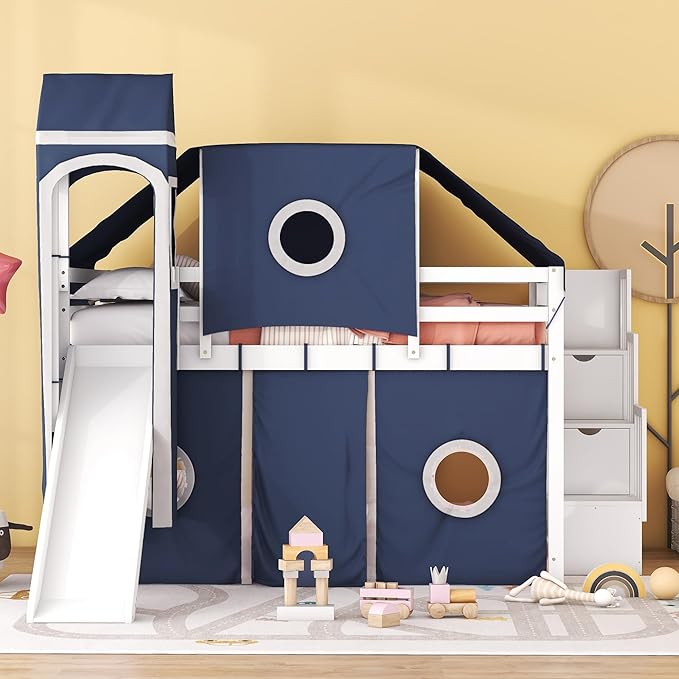 Playhouse Full Size Low Loft Bed with Slide & Tent and Tower, Solid Wood Tent Bed Frame with Storage Staircase for Kids Teens Boys Girls, Versatile Spacious Under Bed Space with Curtains (Blue-TXF)