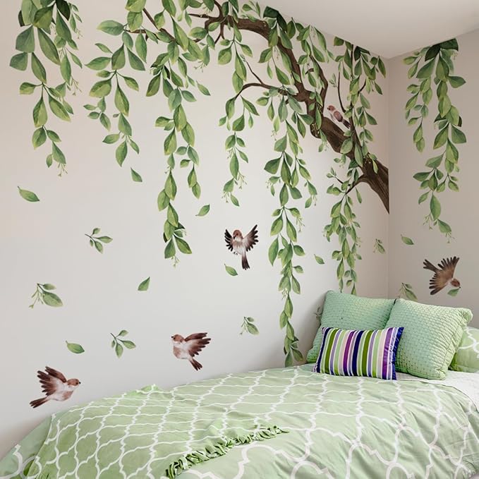 Runtoo Large Tree Wall Decals Green Plant Hanging Vine Leaves Wall Stickers for Living Room Bedroom Nursery Wall Decor