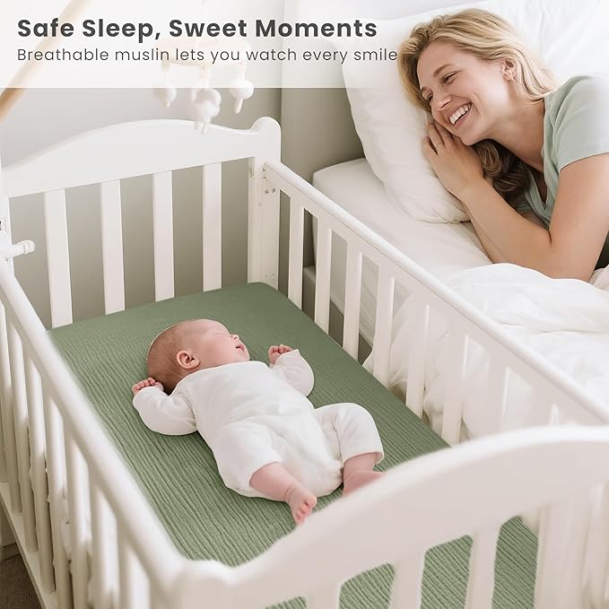 Konssy 2 Pack Muslin Bassinet Sheets for Baby Boy, 100% Cotton Soft Bedside Sleeper Bassinet Sheets, Compatible with Baby Delight, Dream On Me, AMKE and Other Rectangle Mattress (Fog Green,Cream)