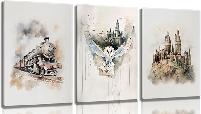 3pcs Magic Nursery Canvas Wall Art Express Train Owl Magic Castle Painting Picture Wall Decor Neutral Watercolor Poster Print Artwork For Kids' Baby Nursery Living Room Decoration Framed