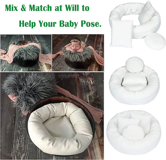 4PC Newborn Photography Props Baby Posing Aid Pillow Beans Bag 1pc Donut +3 pcs Posing Pillow Photograph Shoot Set for 0-3 Months Baby White