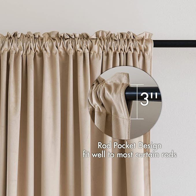 MIULEE Camel Beige Velvet Curtains Thermal Insulated Blackout Curtain Drapes for Bedroom Living Room Darkening 90 Inches Long Curtains Panels Rod Pocket Set of 2