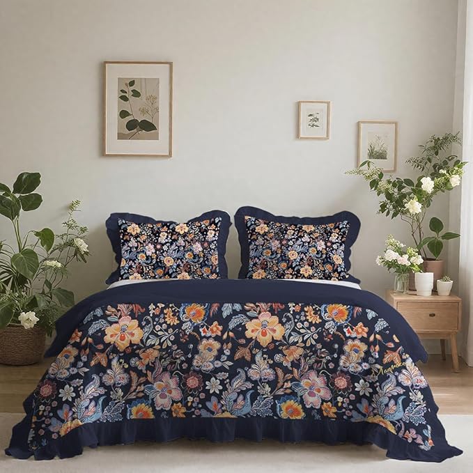 MAGRACE Ruffle Duvet Cover King Size 100% Cotton,3pc Linen Feel Boho Vintage Ruffled Quilt Cover Set French Country Rustic Cornflower Blue Comforter Cover Aesthetic Soft Bedding Set