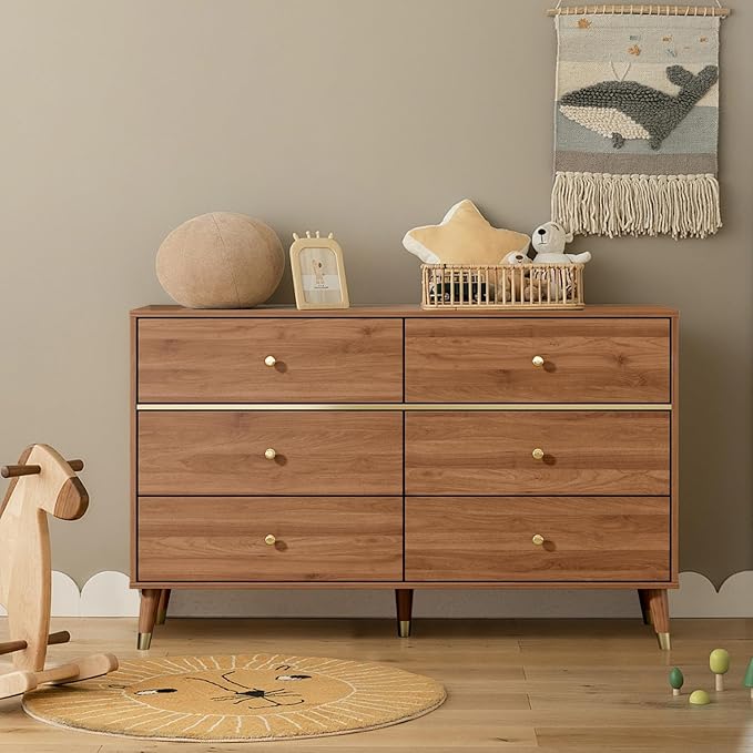 6 Drawer Dresser,47" Wide Mid Century Chest of Drawers,Wooden Bedroom Drawer Dresser with 6 Storage Drawers for Bedroom,Living Room,with Anti-Tipping Device,Dark Walnut