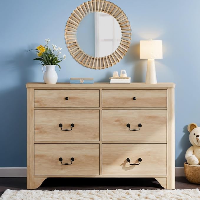 WAMPAT 6 Drawers Dresser for Bedroom, 47.2“ Wide Kids Dresser for Boys and Girls with Large Drawers for Bedroom, Living Room, Hallway, Oak