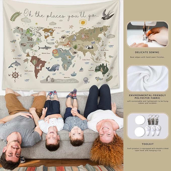 LIANGW Boho Kids World Map Tapestry Wall Hanging, Animal Continents Wildlife Educational Geography Learning Wall Blanket Decor for Classroom Toddler Kids Room Nursery Playroom, 50x60 Inch