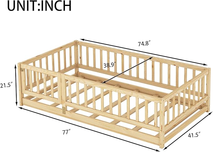 Twin Size Montessori Floor Bed with Rails & Door - 77" x 41.5"x 21.5" Wooden Low Profile Toddler Bed Frame, Natural Oak Finish