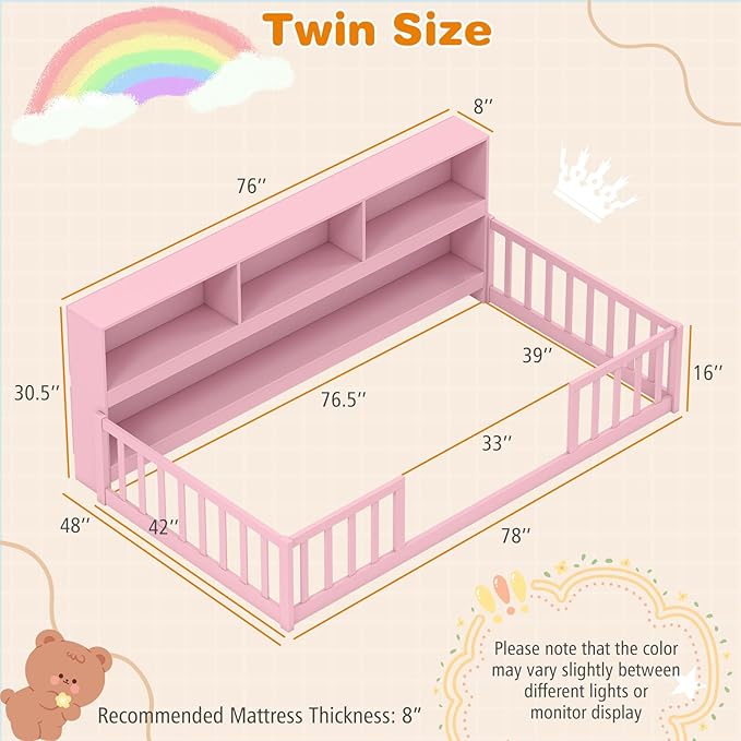 Giantex Twin Floor Bed for Kids, Wooden Montessori Bed Frame with Bookcase, Storage Shelves & Safety Fence Rails, Floor Beds Twin for Girls, Boys, No Box Spring Needed, Without Slats, Pink