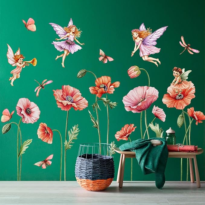 Removable Large Pink Red Poppy Flowers Wall Stickers with Fairy Angels - DIY Floral Butterfly Wall Decals, Peel and Stick Princess Decor for Girls Bedroom, Nursery, Living Room Home BM4130