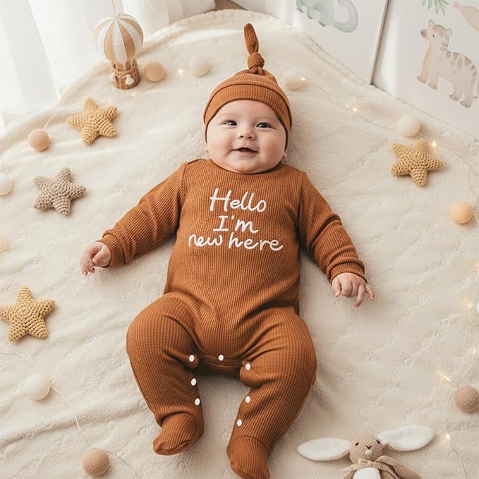 Hello I'm New Here Newborn Outfit Boy Letter Embroidery Waffle Knit Long Sleeve Footed Jumpsuit Coming Home Outfit Hat