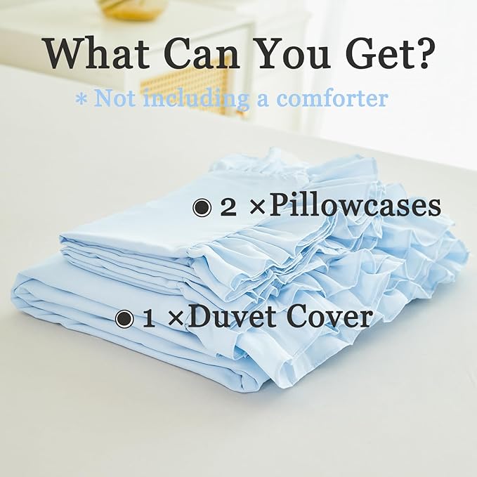 Twin Size Duvet Cover Set Light Blue Ruffle Comforter Covet Set for Girls Kids Teens 3 Pieces Soft Microfiber Bedding Set All Seasons(Light Blue, Twin)