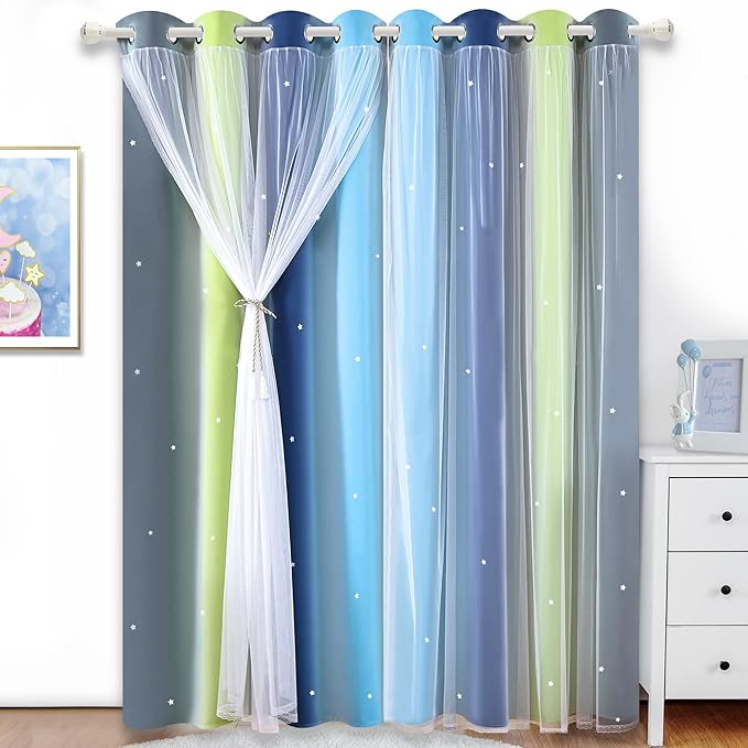 Kinryb Nursery/Kids/Girls Room Star Cut Out Blackout Rainbow Curtain with Sheer Overlay 2 Panels, Each 52 inch Wide,108 inch Length with White Gauze,Ombre Stripe Rainbow Curtains (2 Pcs,52x108 Inch)