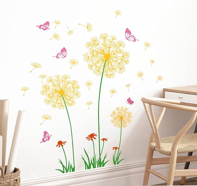 2 Sheets Dandelion Wildflower Wall Decals Art, Wall Art Stickers Peel and Stick Floral Butterflies Flying Decor for Girls Kids Women Baby Nursery Room Bedroom Bathroom Hallway Stairwell (Yellow)