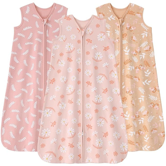 Baby Sleep Sack 18-24 months, 100% Cotton Sleeping Sack for Newborn and Infant, 3 Pack Baby Wearable Blanket for Boy and Girl, 0.5 Tog Lightweight Double Zipper Sleep Bag Pink Orange Flower