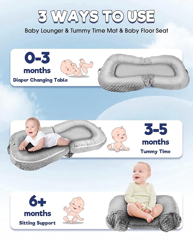 Baby Lounger Pillow : 2-in-1 Infant Lounger for Newborn 0-48 Months, Portable Tummy Time Mat for Home and Travel, Breathable & Soft Baby Seat for Baby, Babies Essentials Gifts