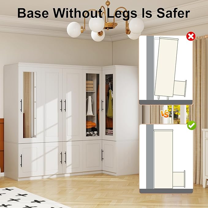White 5 Door Armoire Wardrobe Closet with Mirror: White Combination Corner Wood Wardrobe Closet Wooden Bedroom Armoire with Hanging Rods for Bedroom/Living Room