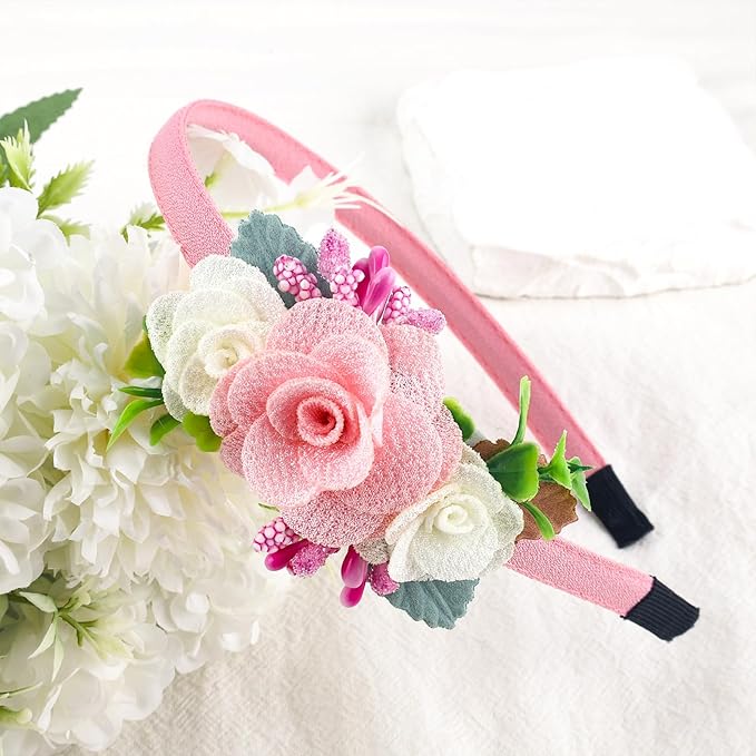 Flower Headbands for Girls Kids Toddlers Rose Floral Headpiece Non Slip Elegant Wedding Flower Crown Hairband Spring Summer Fashion Cloth Headdress Accessories for Birthday Party (Pink)